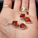 Rustic Sterling Silver & Natural Raw Carnelian Double Stone Hanging Earrings