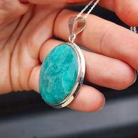 Solid Sterling Silver & Natural Amazonite Handmade Round Pendant & Chain Necklace
