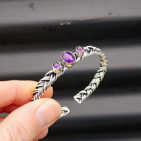 Solid Sterling Silver & Natural Amethyst Handmade Braid Cuff Bracelet