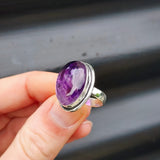 (T) Solid Sterling Silver & Natural Amethyst Oval Handmade Solitaire Ring