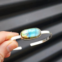 Solid Sterling Silver & Natural Labradorite Handmade Cuff Bracelet