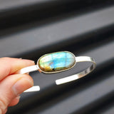 Solid Sterling Silver & Natural Labradorite Handmade Cuff Bracelet