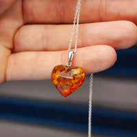 100% Solid Sterling Silver & Natural Amber Handmade Heart Pendant Necklace