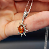 Solid Sterling Silver & Natural Polished Amber Handmade Rustic Sun Pendant Necklace