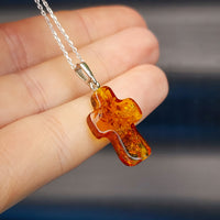 Solid Sterling Silver & Natural Polished Hand Carved Rustic Cross Pendant Necklace