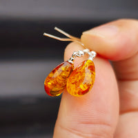 Solid Sterling Silver & Cognac Amber Hanging Waterdrop Earrings