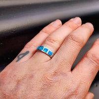 (Q) Solid 925 Sterling Silver & Created Opal 4 Setting Square Ring