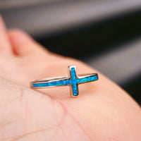 (Q) Solid 925 Sterling Silver & Created Opal Cross Band Ring