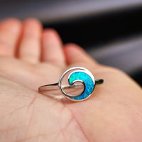 (T) Solid 925 Sterling Silver & Created Opal Round Wave Ring