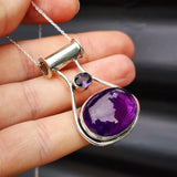 Solid Sterling Silver & Natural Amethyst Handmade Double Setting Oval Necklace