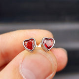 Natural Garnet & Solid Silver Heart Stud Earrings