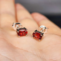 Natural Garnet & Solid 925 Sterling Silver Oval Stud Earrings