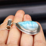 Solid Sterling Silver & Natural Blue Larimar Handmade Rustic Pear Shaped Necklace