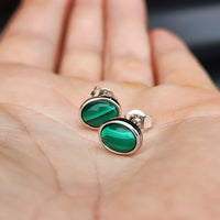 Natural Malachite & Solid 925 Sterling Silver Oval Stud Earrings
