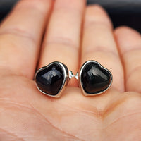 Natural Obsidian & Solid 925 Sterling Silver Heart Stud Earrings