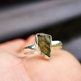 (Q) Solid 925 Sterling Silver & Natural Raw Moldavite Handmade Irregular Ring
