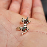 925 Sterling Silver & Red CZ Skull & Crossbones Stud Earrings