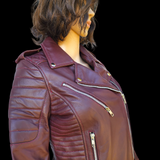 50% OFF SALE. Womens REAL Genuine Leather Jacket - Burgundy Ribbed Side Zip