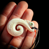 Natural Carved Maori Bone Carving Pendant Necklace - Manaia With Paua Inlay