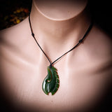 NZ Greenstone / Pounamu Notched Fern Hook Pendant Necklace (N640)