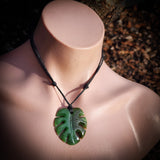 Natural Nephrite Jade Monstera Leaf Pendant Necklace (N1055)