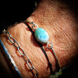 Solid Sterling Silver & Natural Larimar Rustic Handmade Bangle Bracelet (4A10A2)