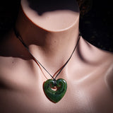 NZ Greenstone / Pounamu Double Koru Heart Pendant Necklace (N684)