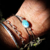 Solid Sterling Silver & Natural Larimar Rustic Handmade Bangle Bracelet (4A10A2)