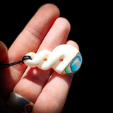 Natural Carved Maori Bone & Paua Carving Pendant Necklace - Double Twist