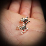 Childrens 925 Sterling Silver & Red CZ Skull & Crossbones Stud Earrings