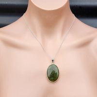 Solid Sterling Silver & Natural Greenstone Handmade Oval Pendant Necklace