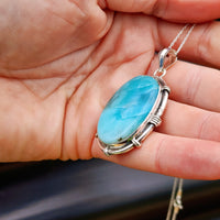 Solid Sterling Silver & Natural Blue Larimar Handmade Oval Necklace