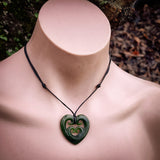 NZ Greenstone Pounamu Quad Koru Heart Pendant Necklace (N934)