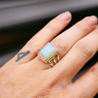 (R) Solid Sterling Silver & Natural Moonstone Handmade Rectangle Cage Ring