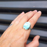 (T) Solid Sterling Silver & Natural Blue Larimar Handmade Solitaire Ring
