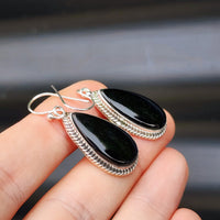 Solid Sterling Silver & Natural Black Onyx Handmade Hanging Hook Earrings