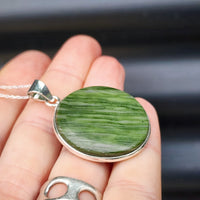 Solid Sterling Silver & Natural Nephrite Greenstone Handmade Round Pendant Necklace