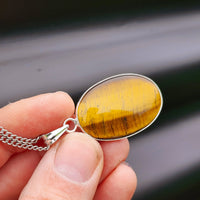 Silver Plated & Natural Tiger Eye Handmade Oval Pendant & Chain Necklace (30X25)
