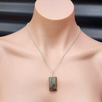 Solid Sterling Silver & Natural Labradorite Rectangle Pendant & Chain Necklace