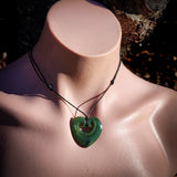 NZ Greenstone Pounamu Double Koru Heart Pendant Necklace (N919)