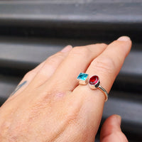 (T) Solid Sterling Silver & Double Setting Garnet & Topaz Handmade Ring