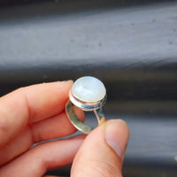 (Q) Solid Sterling Silver & Natural Round Moonstone Handmade Solitaire Ring