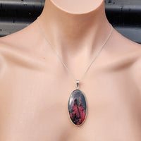 Solid Sterling Silver & Natural Rhodonite Handmade Oval Pendant & Chain Necklace