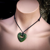 NZ Greenstone Pounamu Double Koru Heart Pendant Necklace (N876)