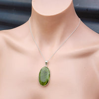Solid Sterling Silver & Natural Nephrite Greenstone Handmade Oval Necklace