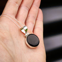 Solid Sterling Silver & Natural Black Onyx Handmade Round Pendant Necklace