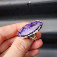 (T) Solid Sterling Silver & Natural Charoite XL Oval Handmade Solitaire Ring