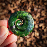 NZ Greenstone Pounamu Notched Koru Pendant Necklace (N957)
