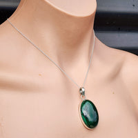 Solid Sterling Silver & Natural Malachite Handmade Oval Pendant & Chain Necklace