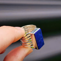 (T) Solid Sterling Silver & Natural Lapis Lazuli Rectangle Cage Band Handmade Ring